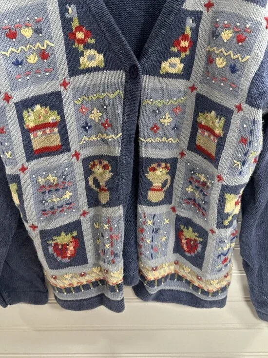 VTG Koret City Blues Blue Floral Plant Beaded Long Sleeve Cardigan Sweater Sz M - Picture 4 of 10